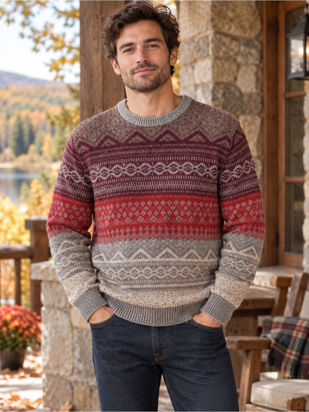 GAP Lambswool Fair Isle Nordic Sweater Red Grey Size L Layer Cabinecore Cozy